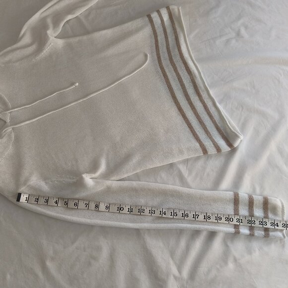 White Knit Hooded Sweater, Beige Stripes on Sleeves and Bottom Hem, Size M - Picture 5 of 7